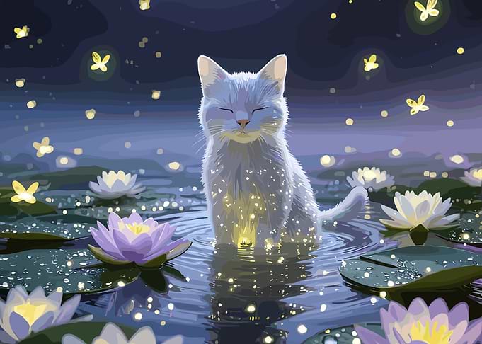 Cat in Water Lilies with Fireflies