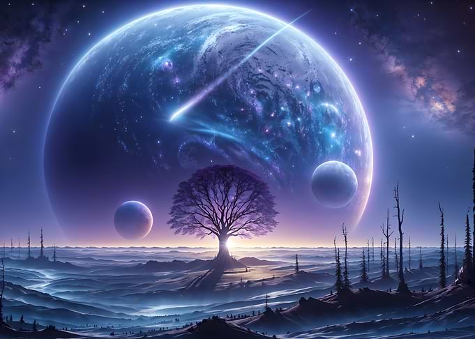 Cosmic Landscape with Tree and Planets