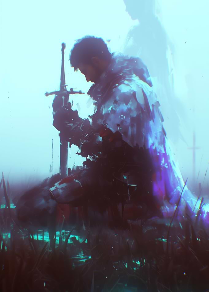Kneeling Knight with Sword in Field