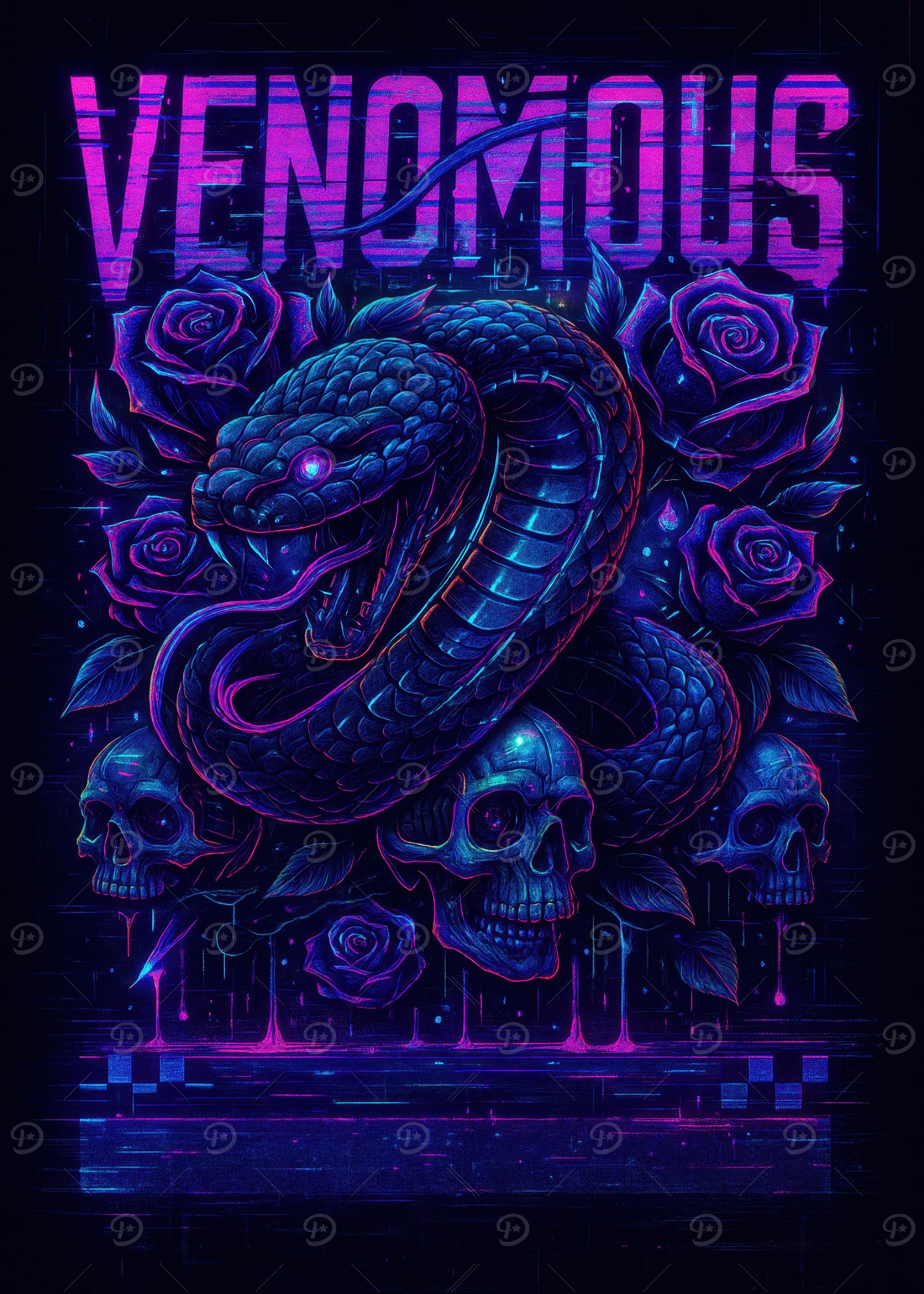 Venomous Snake with Skulls and Roses