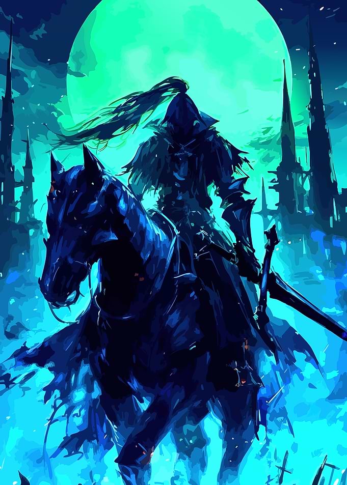 Dark Knight on Horseback under Moon