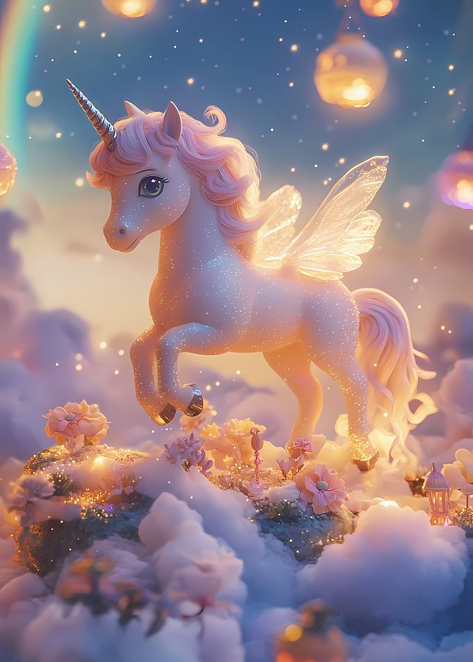 Sparkling Unicorn with Wings in Dreamscape