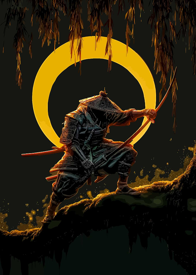 Samurai Warrior with Swords and Moon