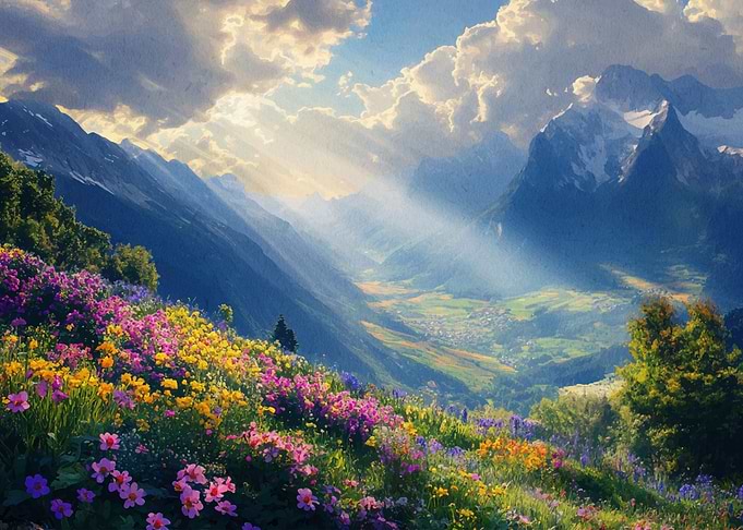 Mountain Valley with Flowers and Sunlight