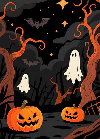 Halloween Night Scene with Pumpkins and Ghosts