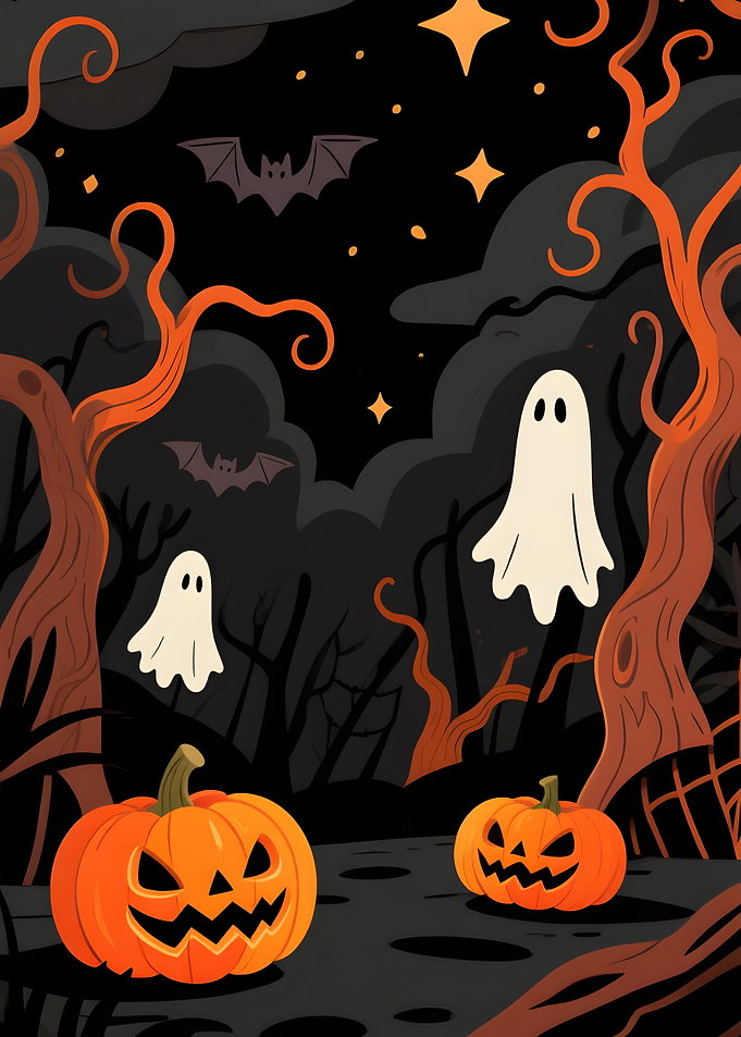 Halloween Night Scene with Pumpkins and Ghosts