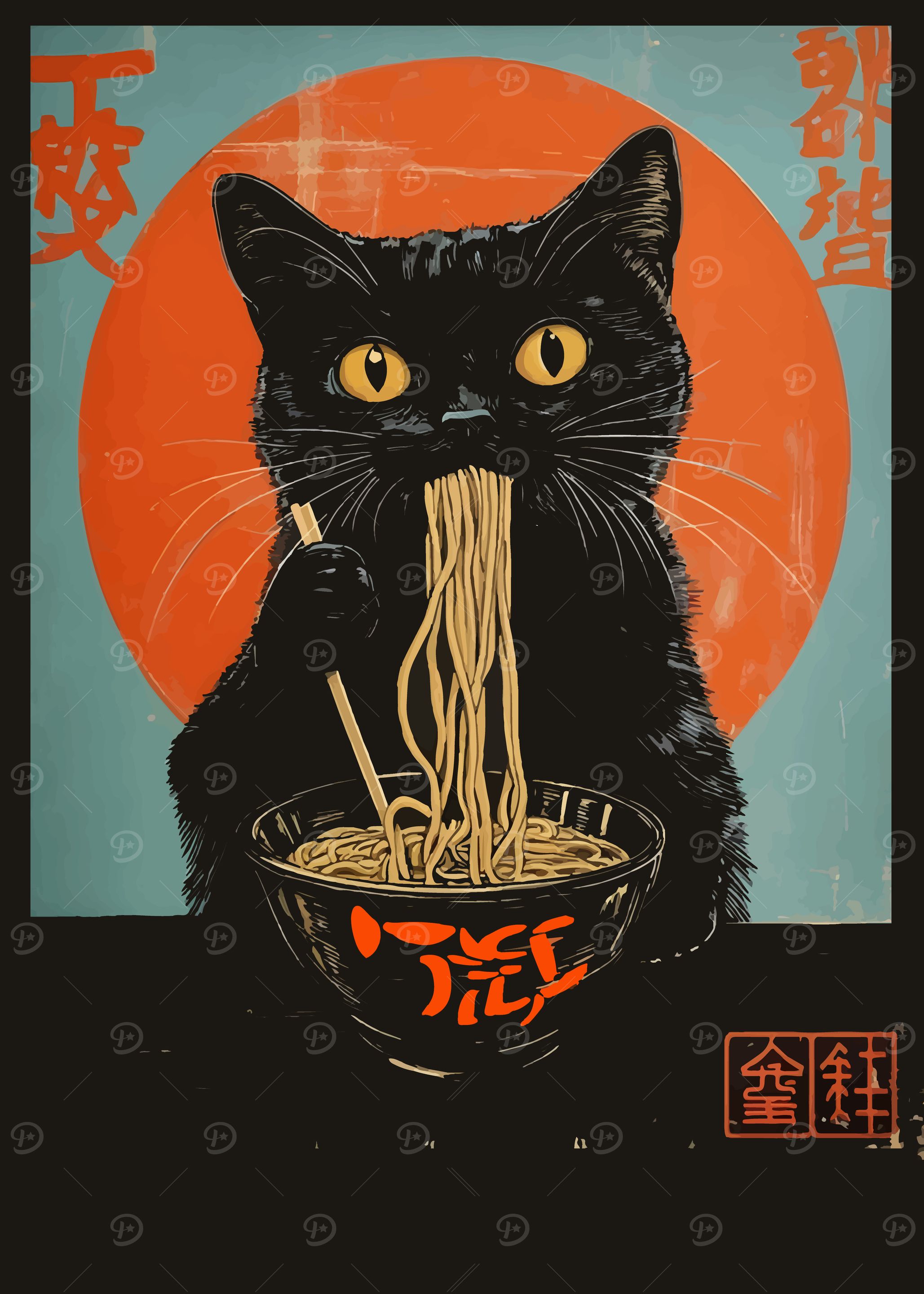 Black Cat Eating Ramen Poster