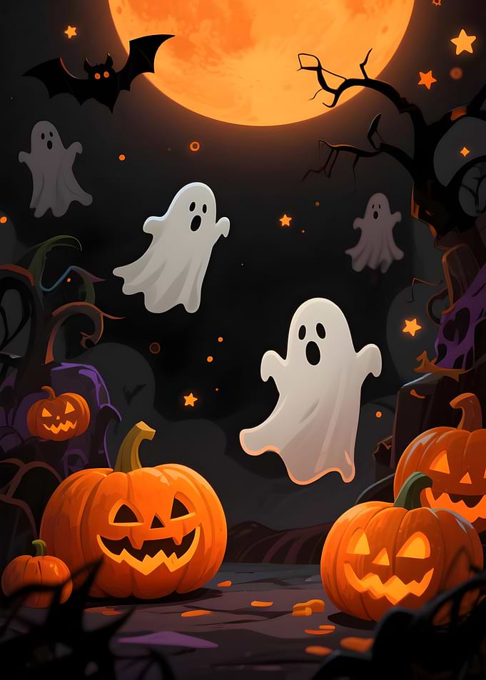 Halloween Night with Pumpkins and Ghosts