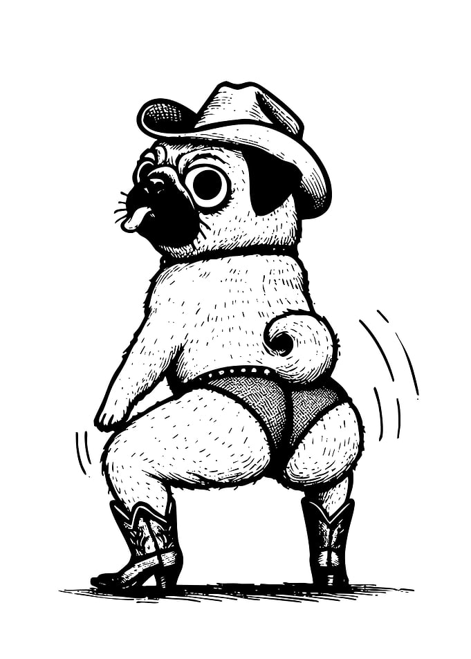 Cartoon Pug Cowboy Twerking Illustration