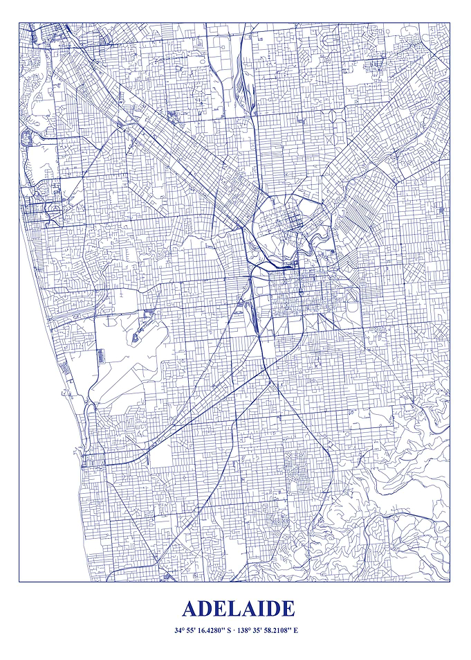 Adelaide City Map - Blue Lines