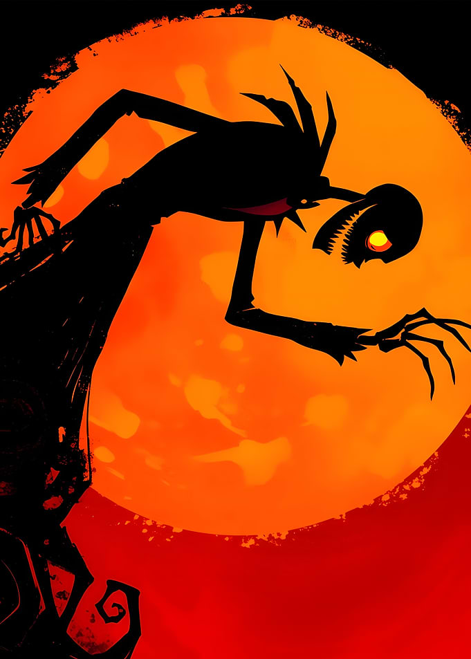 Creepy Monster Silhouette Against Orange Moon