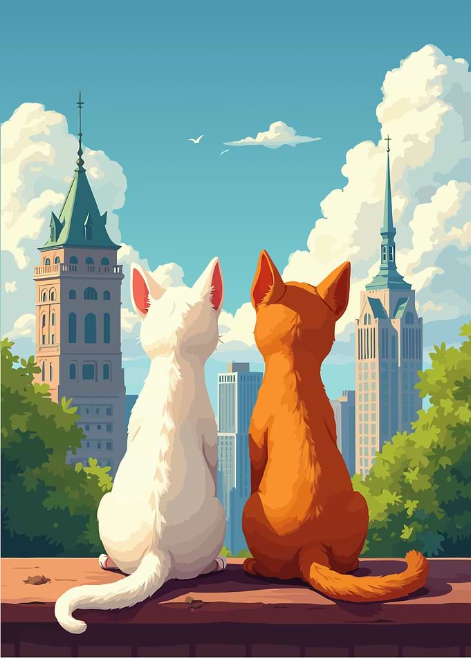 Cats Watching City Skyline From Rooftop