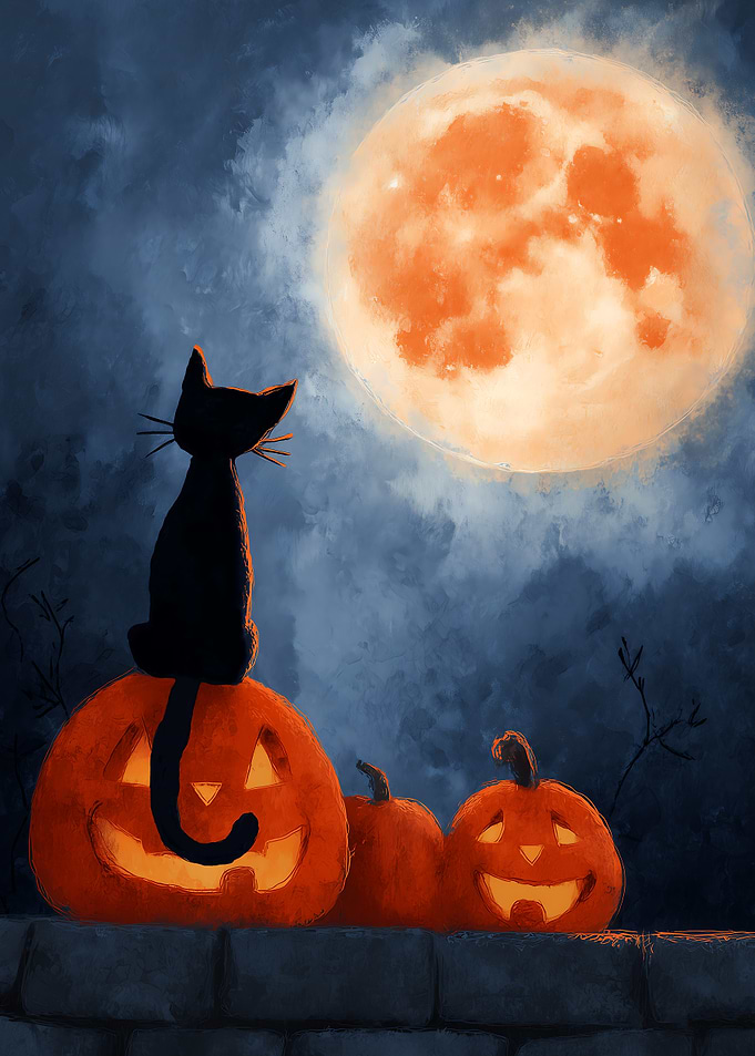 Halloween Night with a Cat, Moon and Pumpkins