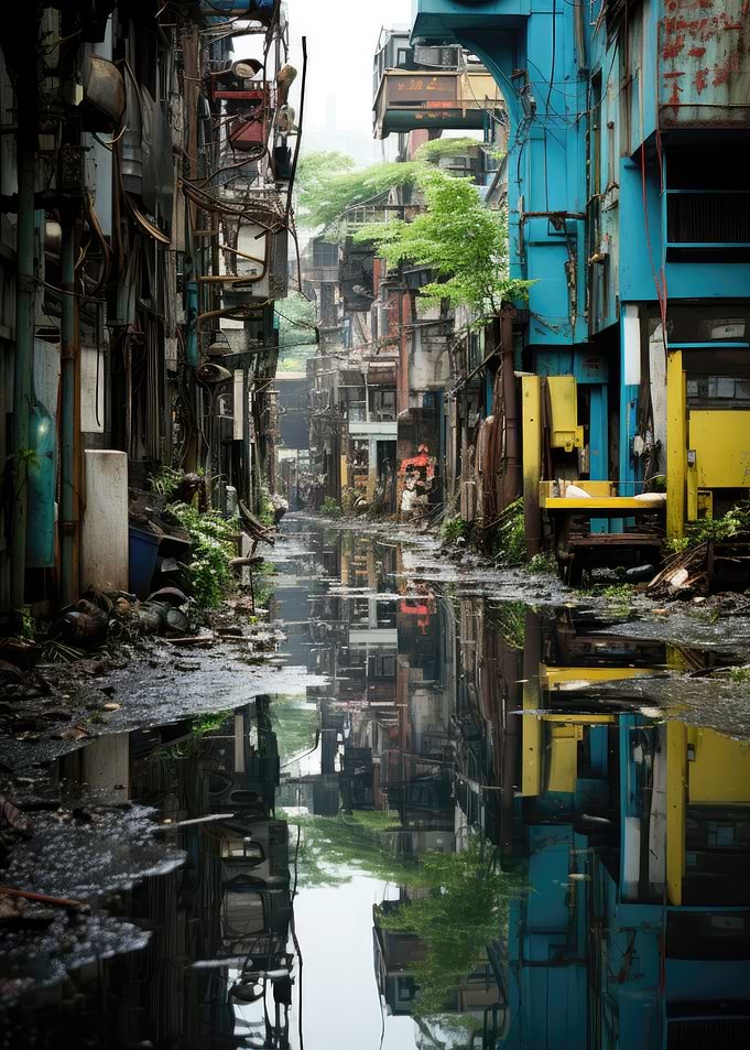 Dilapidated Urban Alleyway Reflection