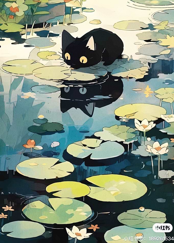 Black Cat on Lily Pads Reflection