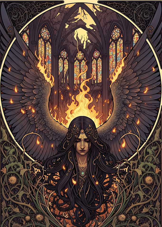 Winged Fallen Angel in Burning Cathedral