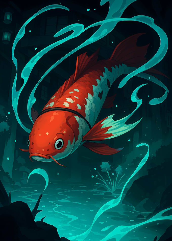 Cartoon Koi Fish in Dark Water