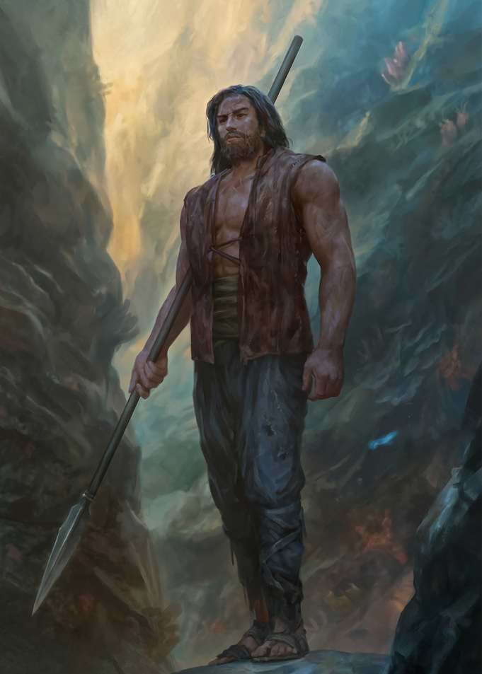 Warrior with Spear in Rocky Landscape