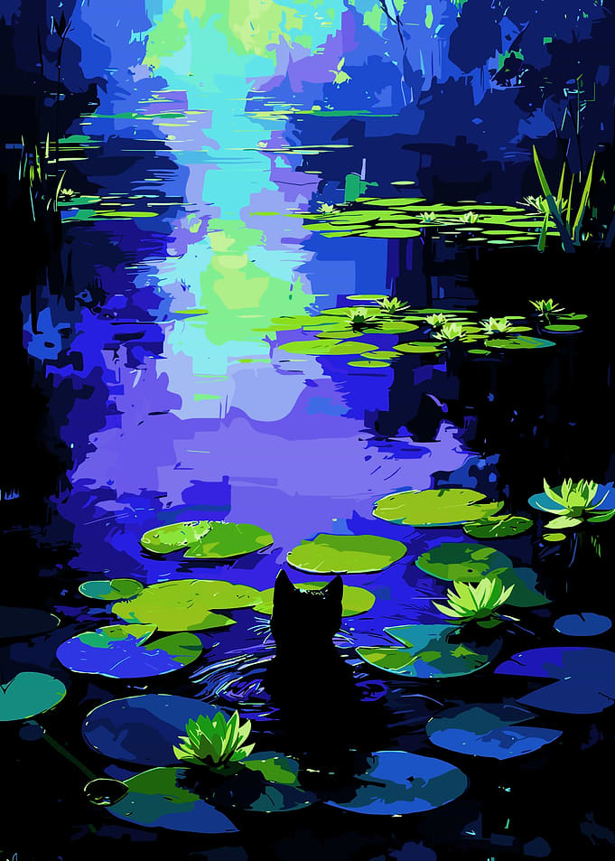 Cat on Lily Pads in Pond