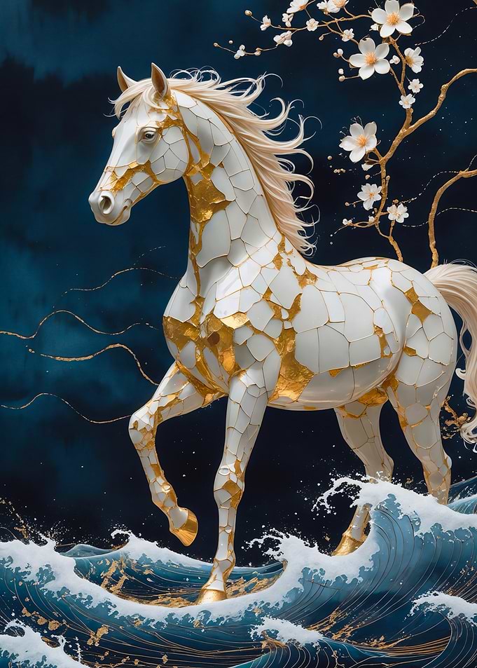 Golden Kintsugi Horse on Ocean Waves