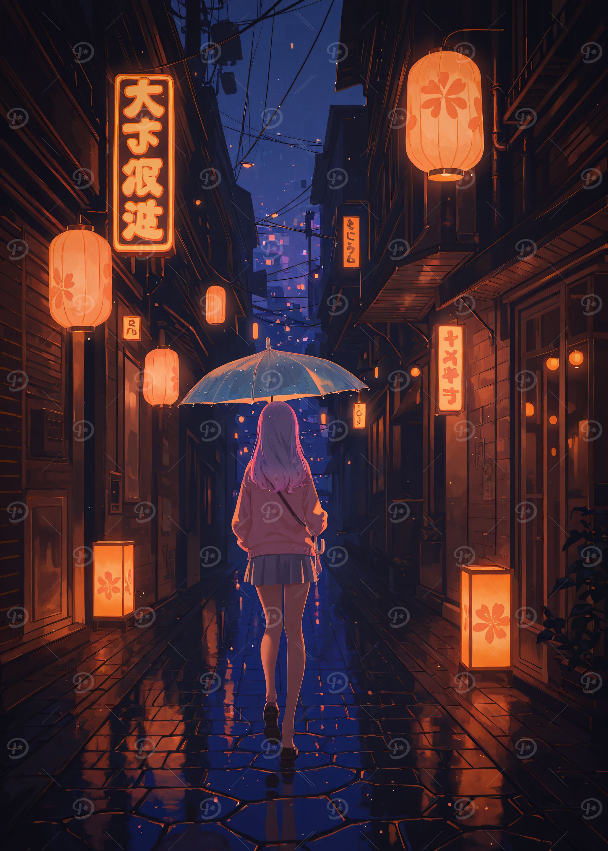 Anime Girl in Rainy Japanese Alley