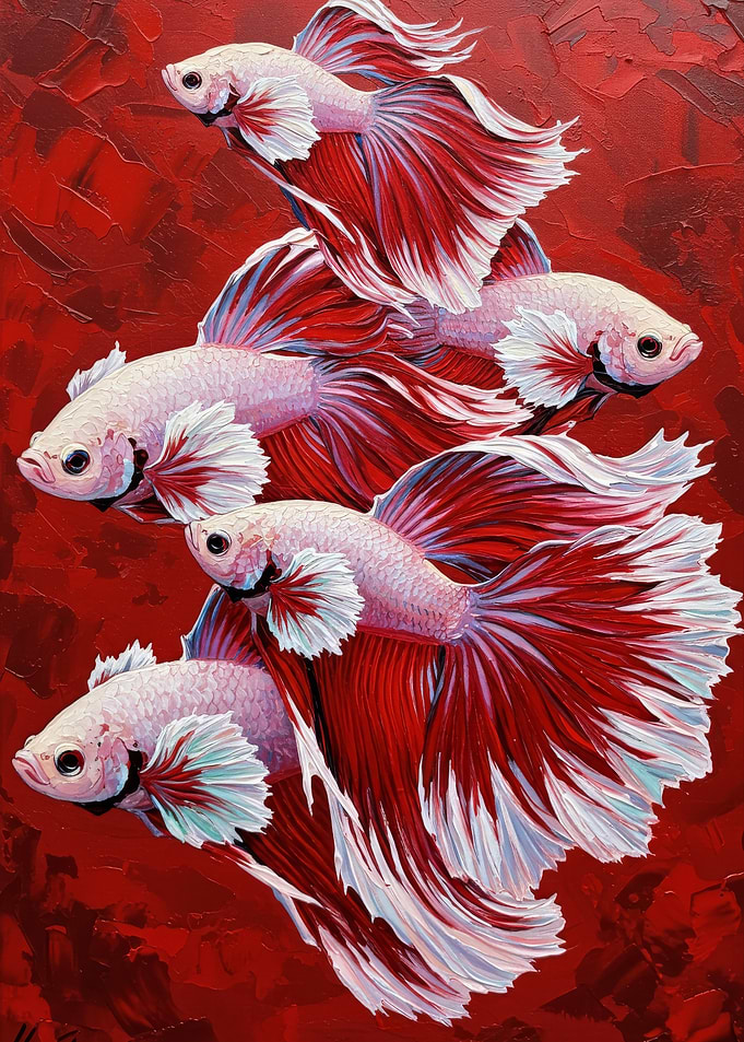 Betta Fish Painting on Red Background