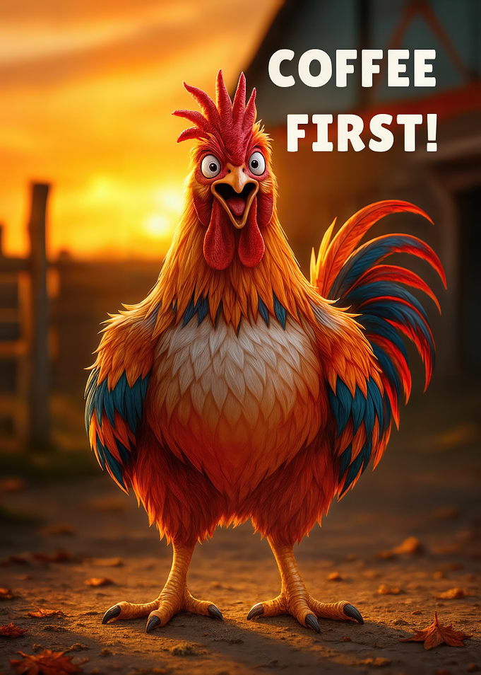 Cartoon Rooster Demands Coffee First
