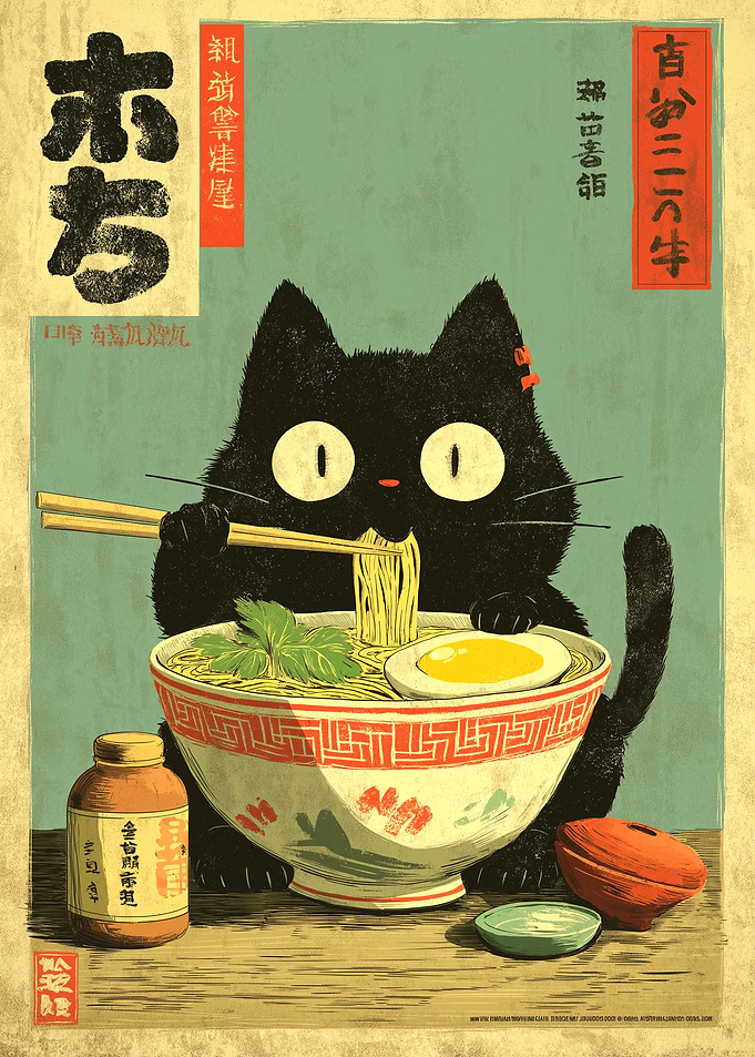 Black Cat Eating Ramen Poster