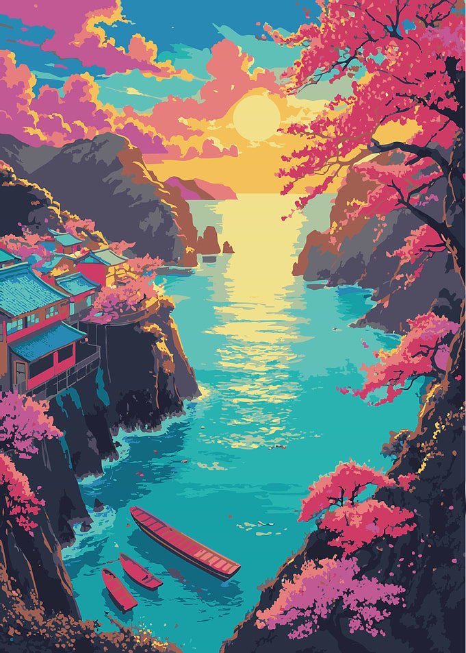 Japanese Coastal Village with Cherry Blossoms