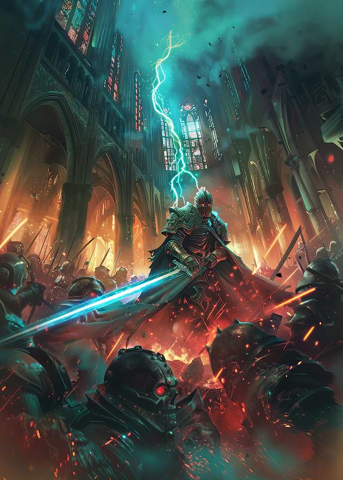 Epic Fantasy Battle in Gothic Cathedral