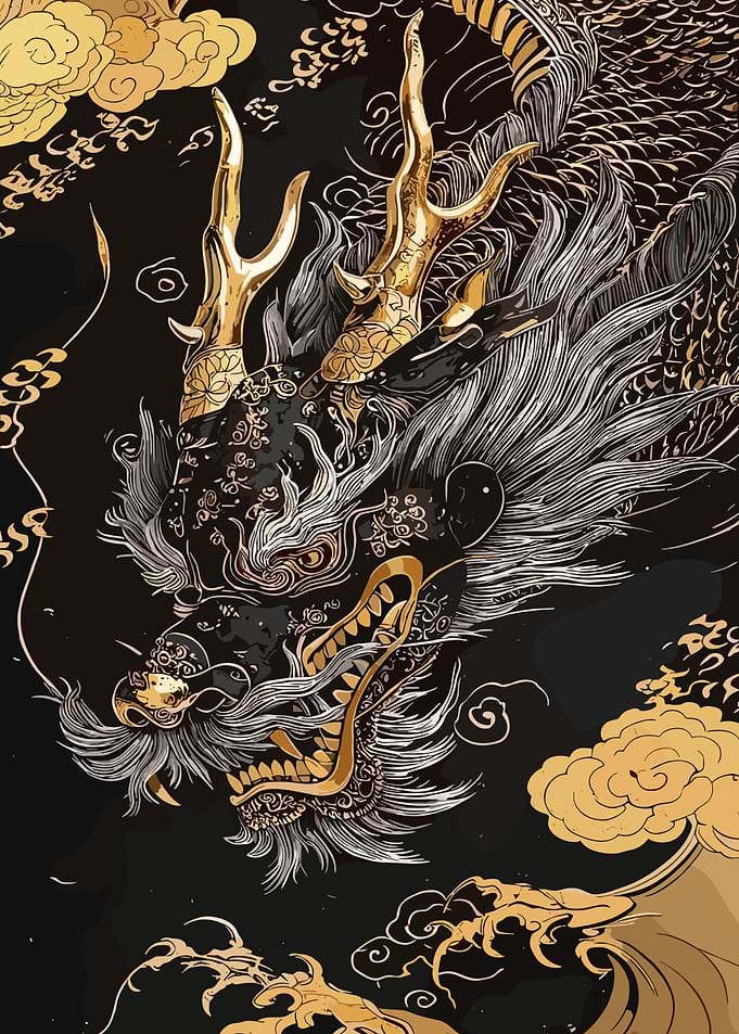 Golden Dragon Illustration on Black Background