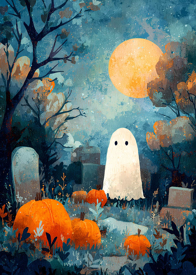 Halloween Ghost and Pumpkins in Graveyard