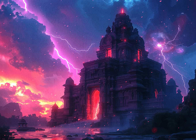 Temple Under Stormy Sky with Lightning