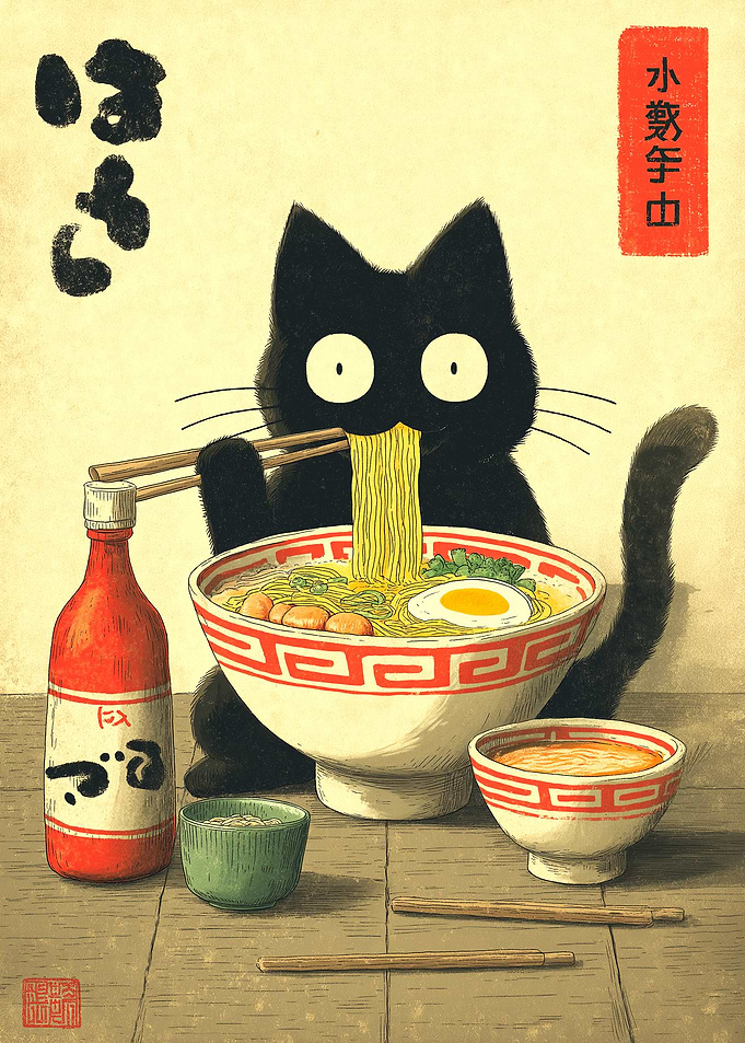 Black Cat Eating Ramen Illustration