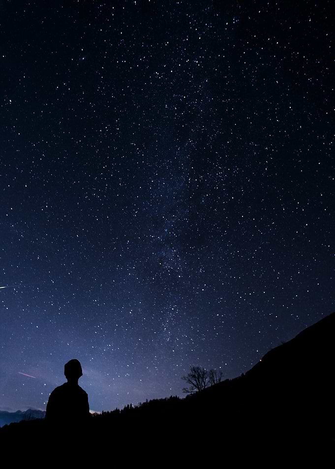 Silhouette Gazing at Starry Night Sky