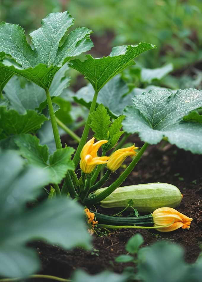 Zucchini plant with flowers and fruit
