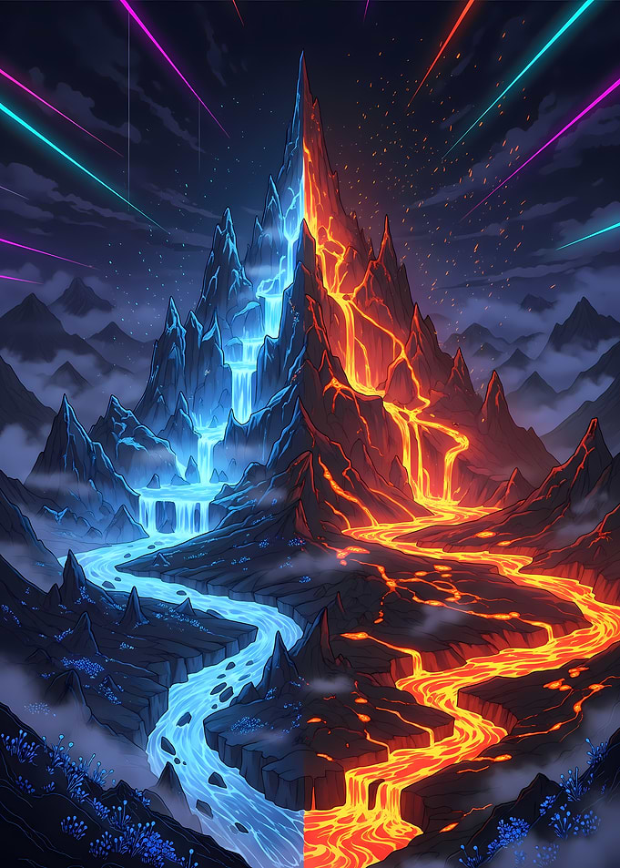 Cinematic Dual-Element Mountains with Ice and Lava in Neon Fantasy Art