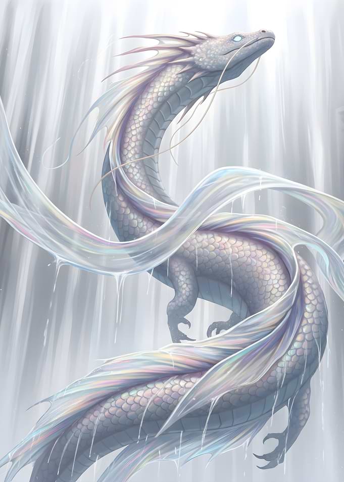 White Dragon Waterfall Fantasy Art