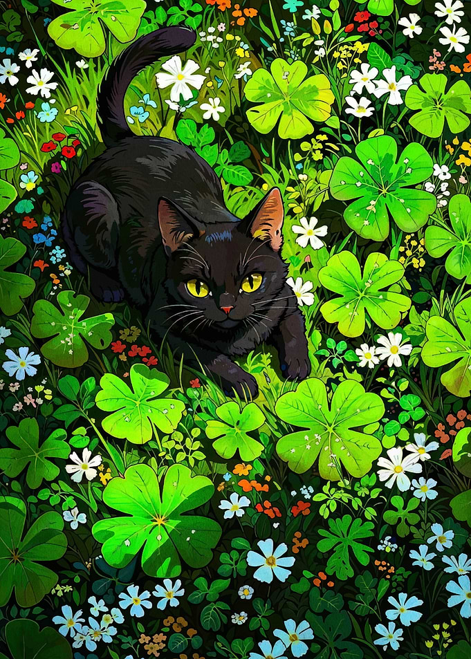 Black Cat in Clover Field