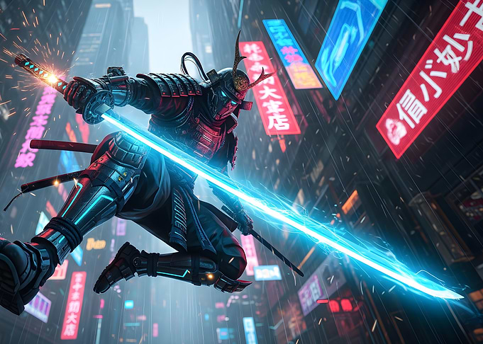 Cyberpunk Samurai in Neon Cityscape