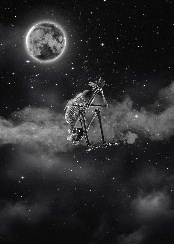 Skeleton in Space with Moon