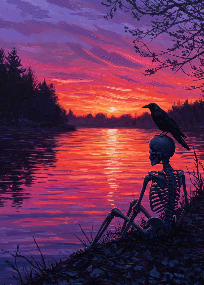 Sunset Reflection with Skeleton and Crow