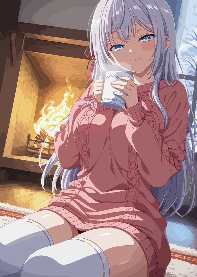 Anime Girl by Fireplace with Coffee