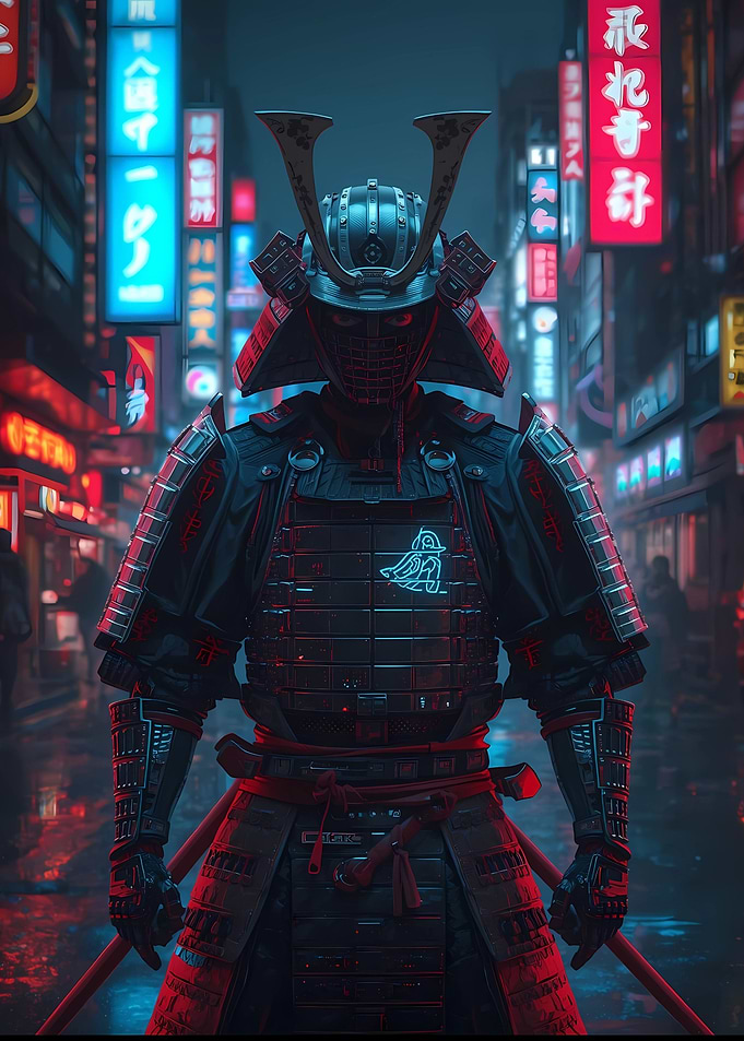 Cyberpunk Samurai in Neon Cityscape