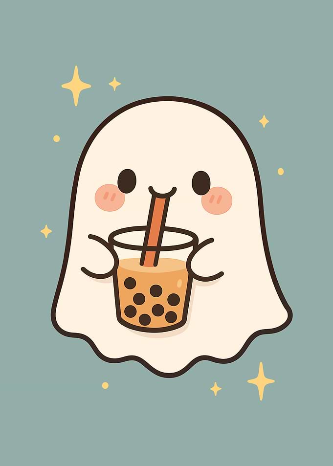 Kawaii Ghost with Bubble Tea | Cute Boba Drink Cartoon Wall Art