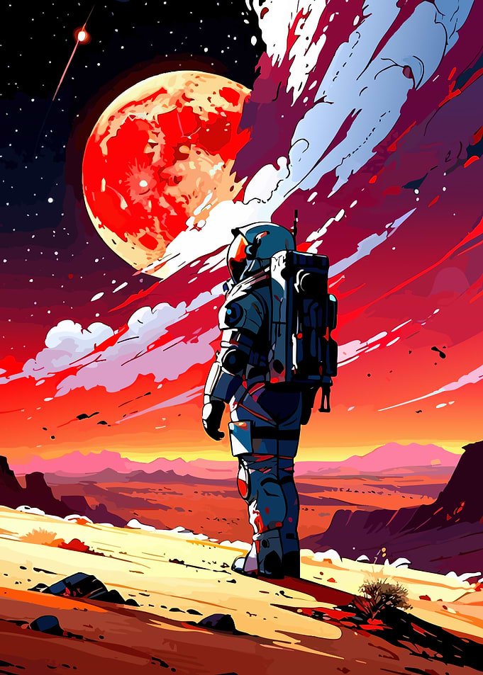 Astronaut on Mars with Red Moon