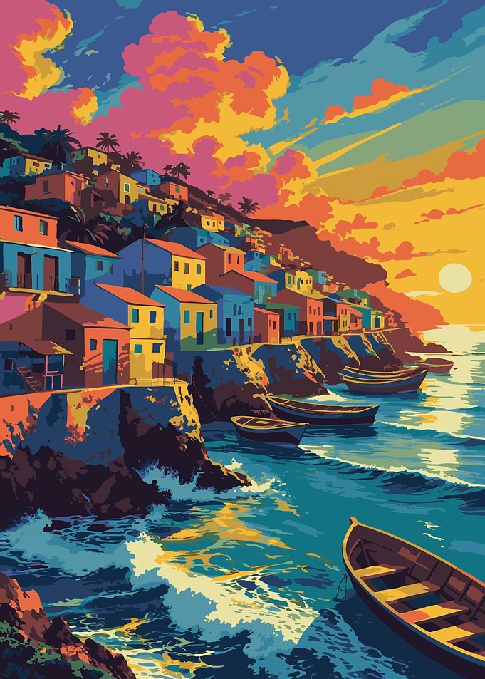 Colorful Coastal Village at Sunset