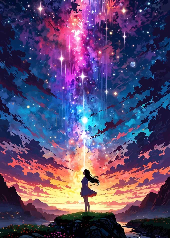 Woman Gazing at Cosmic Sky