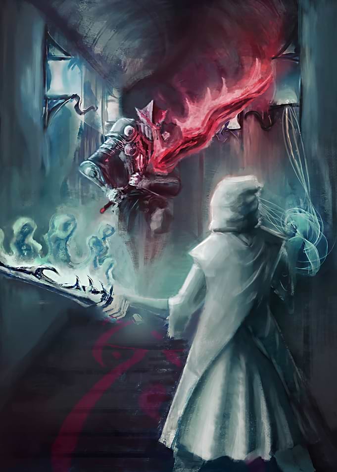 Fantasy Duel in a Dark Hallway