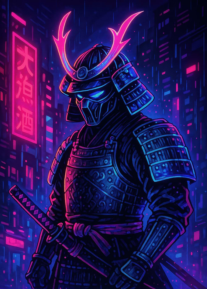 Cyberpunk Samurai in Neon Cityscape